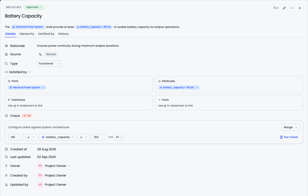 Requirement detail in synapse™: linked parts and attributes, and a compliance check on battery capacity