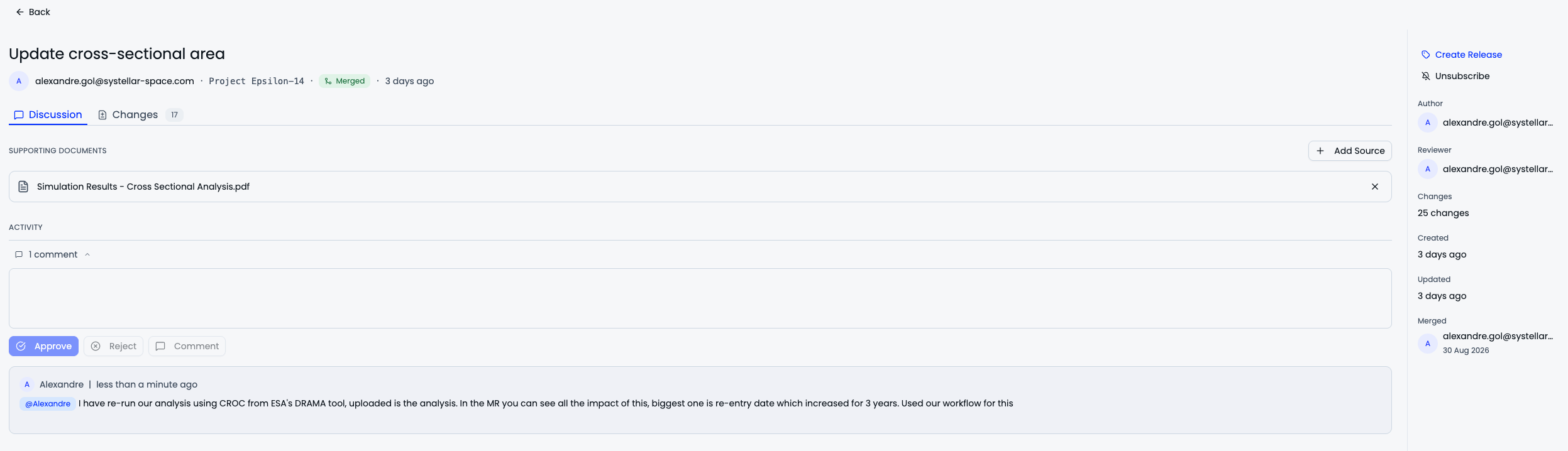 A merge request in synapse™: supporting analysis attached, reviewer approval and the discussion behind the change
