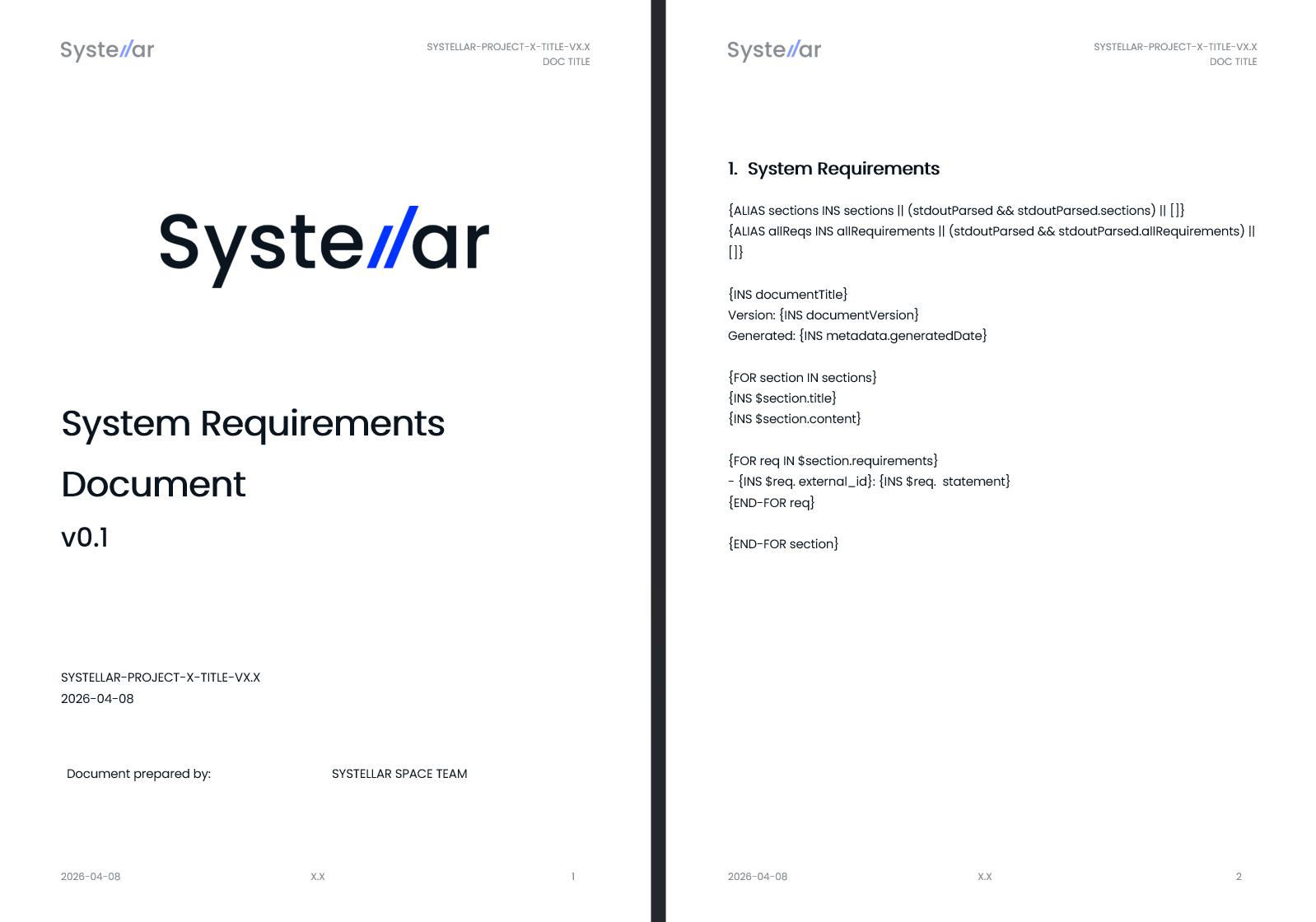 A Word template beside the generated document: placeholders on one page, model data filled in on the other